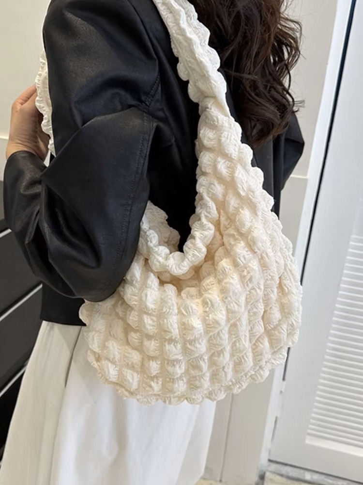 Drew Ladies Pleated Fabric Shoulder Bag | Shopper Cream White