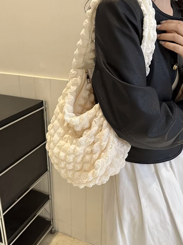 Drew Ladies Pleated Fabric Shoulder Bag | Shopper Cream White